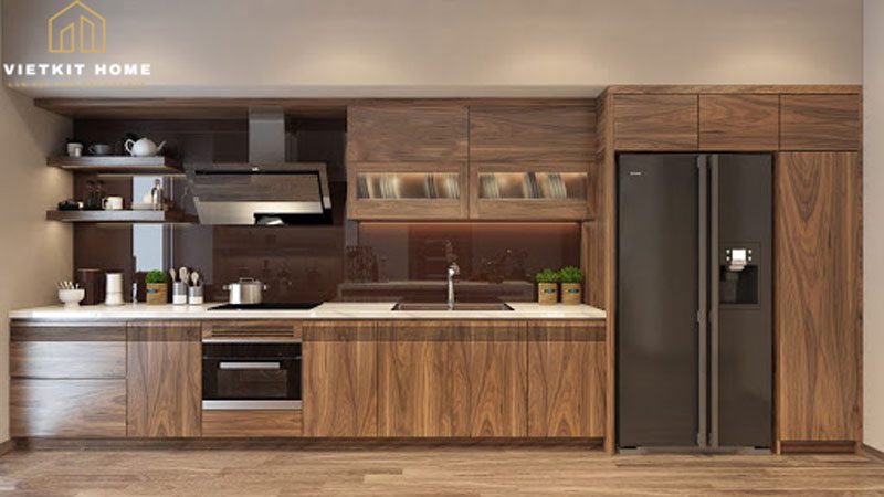 Mẫu Tủ Bếp Gỗ Óc Chó Chữ I- Vietkit Home giá ưu đãi 2021